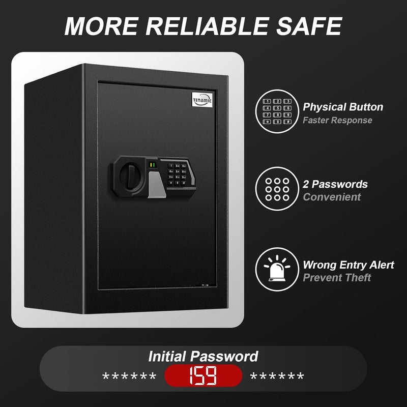 Tenamic Fireproof Safe Box 2.2 Cuft Electronic Digital Security Box, Keypad Large Lock Box Cabinet Safes with Internal Light, Solid Alloy Steel Office Hotel Home Safe with 2 Passwords, Black - Image 4